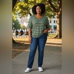 Time and Tru Olive and White Striped V-Neck Tee